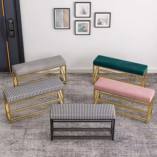 モダンライト高級シューズラック、メタルフレームとソフトベンチ、リビングルームシューズシェルフキャビネット