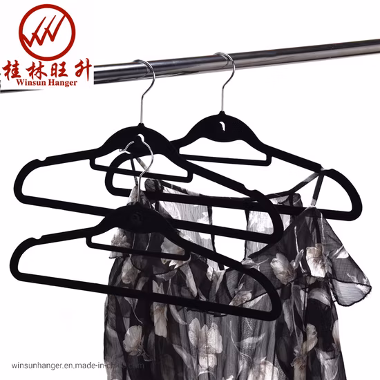 ブラックベルベット洋服ハンガー植毛プラスチックハンガーミニフック付き